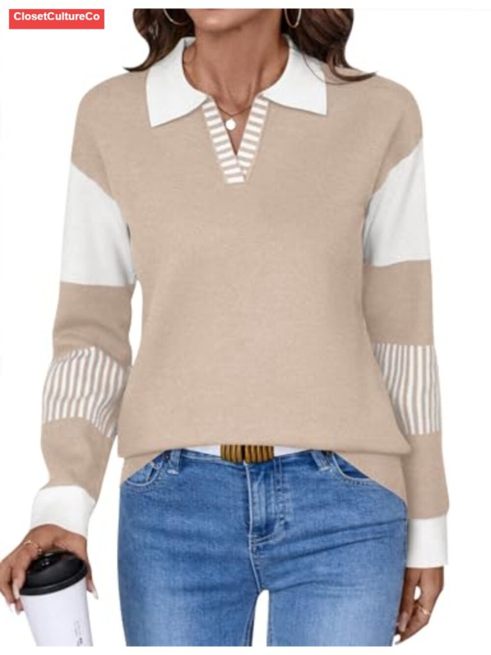 LOMON V-Neck Long Sleeve Loose Knit Sweater Pullover Jumper